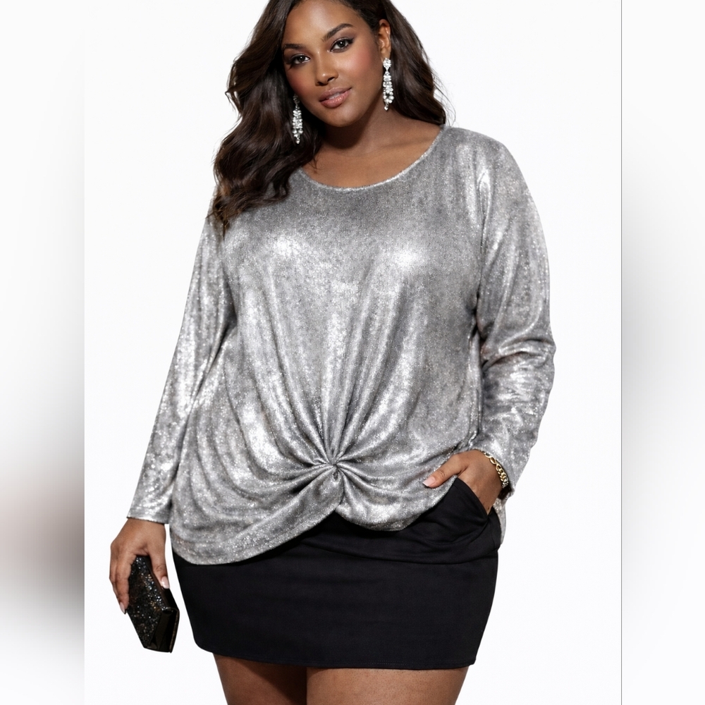 NWOT Lane Bryant Metallic Silver Long Sleeve Top Knotted Front Size 22/24